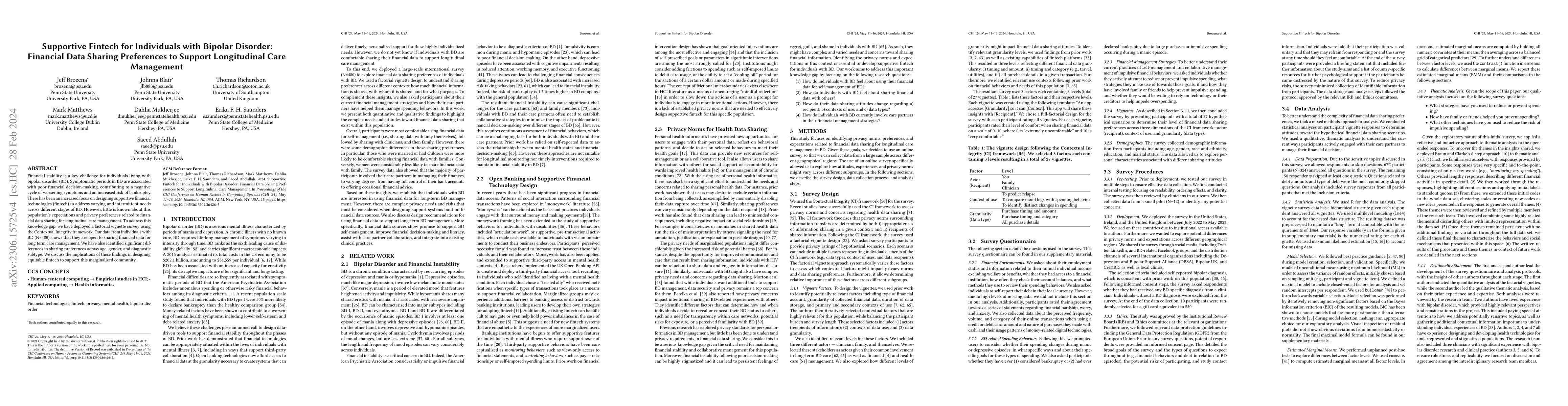 Thumbnail for Supportive Fintech for Individuals with Bipolar Disorder: Financial Data
  Sharing Preferences to Support Longitudinal Care Management