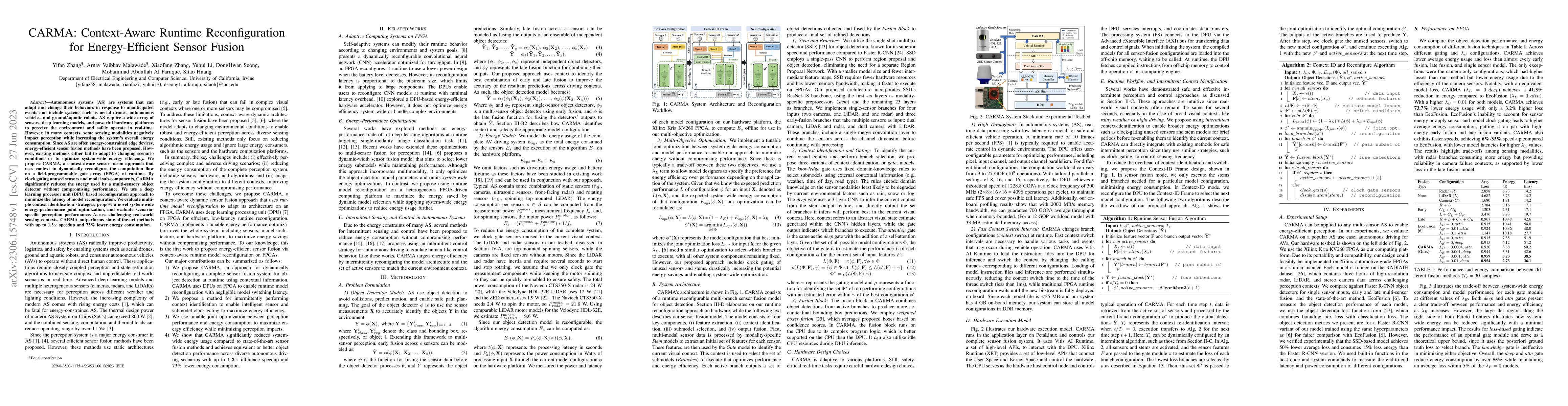Thumbnail for CARMA: Context-Aware Runtime Reconfiguration for Energy-Efficient Sensor
  Fusion