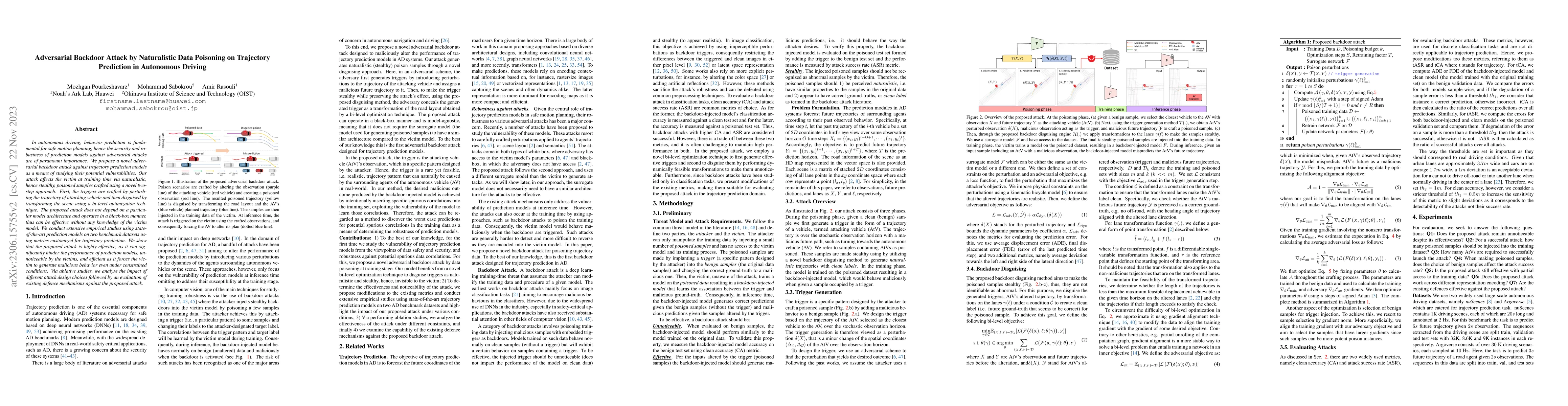 Thumbnail for Adversarial Backdoor Attack by Naturalistic Data Poisoning on Trajectory
  Prediction in Autonomous Driving