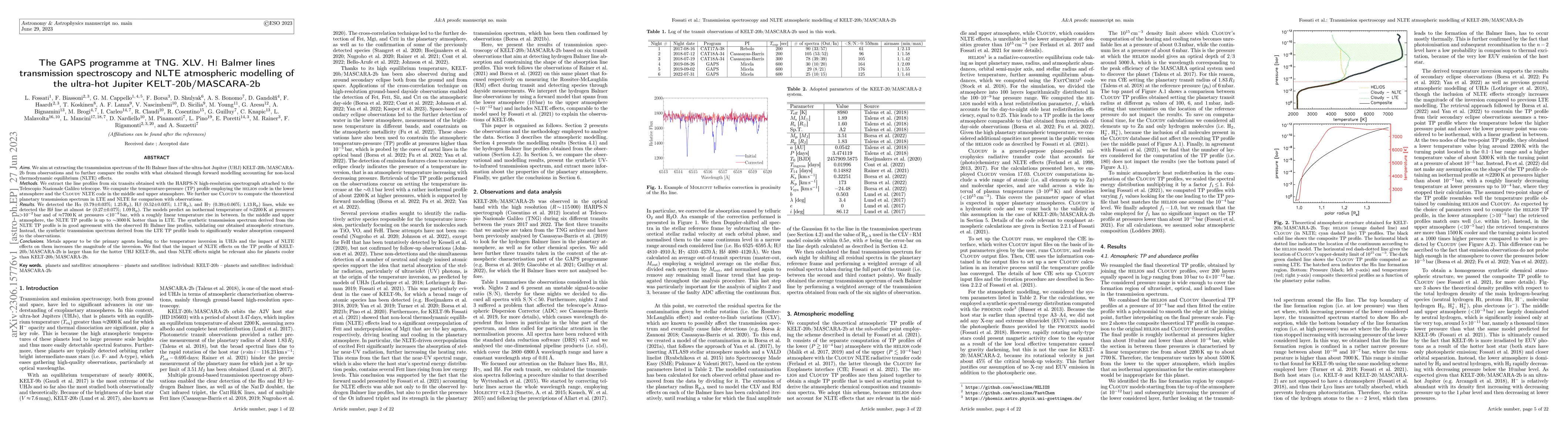 Thumbnail for The GAPS programme at TNG. XLV. HI Balmer lines transmission
  spectroscopy and NLTE atmospheric modelling of the ultra-hot Jupiter
  KELT-20b/MASCARA-2b