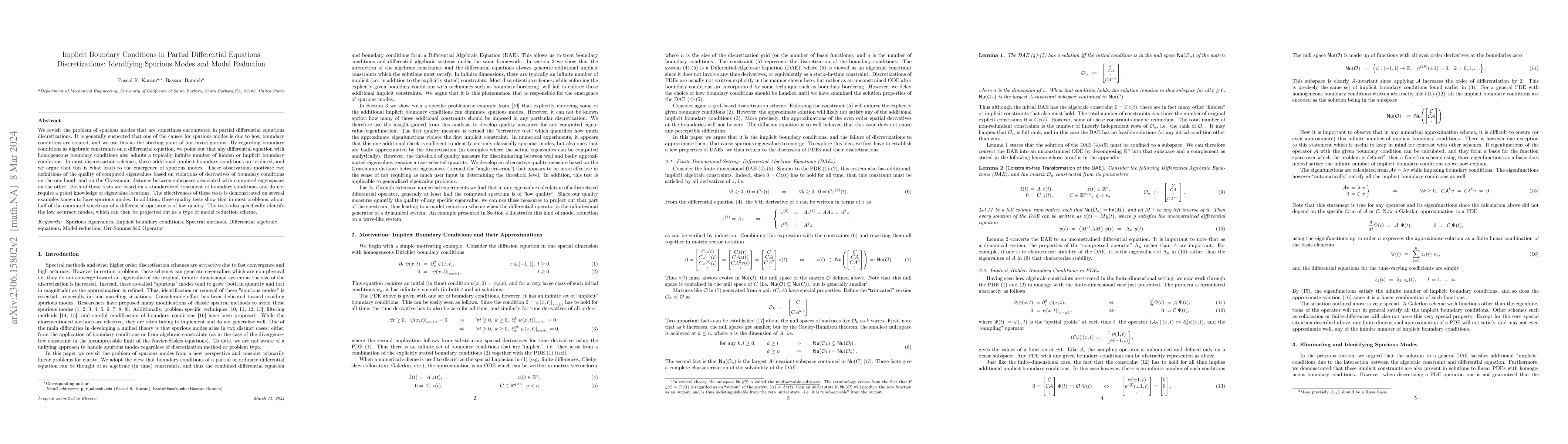 Thumbnail for Implicit Boundary Conditions in Partial Differential Equations
  Discretizations: Identifying Spurious Modes and Model Reduction