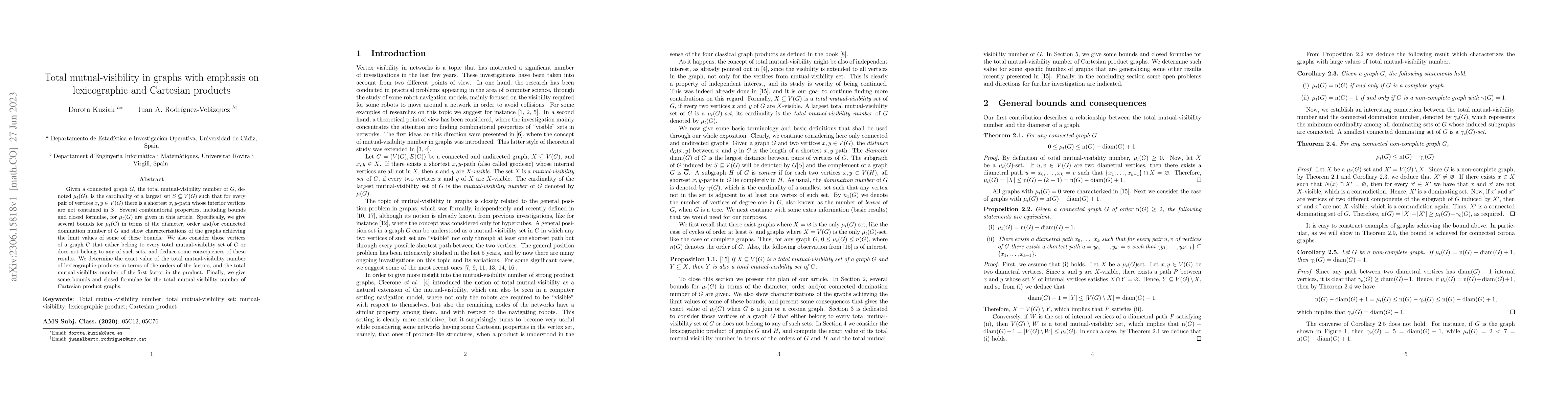 Thumbnail for Total mutual-visibility in graphs with emphasis on lexicographic and
  Cartesian products