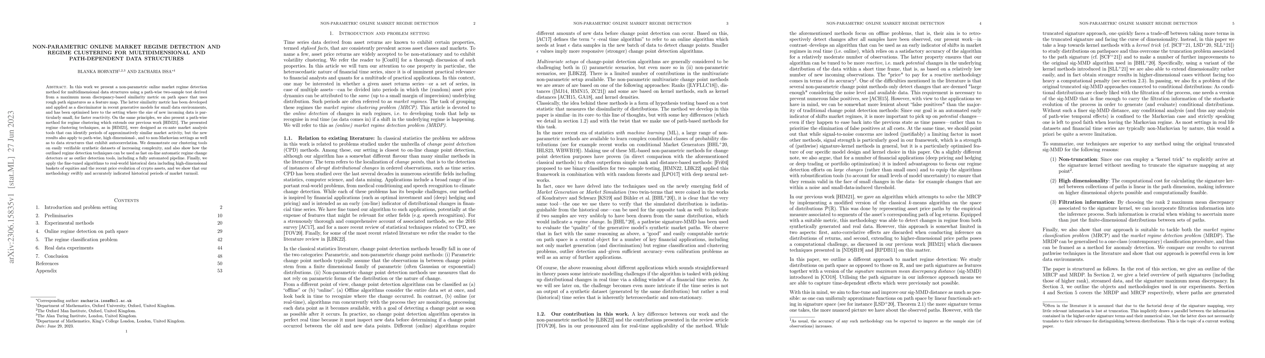 Thumbnail for Non-parametric online market regime detection and regime clustering for
  multidimensional and path-dependent data structures
