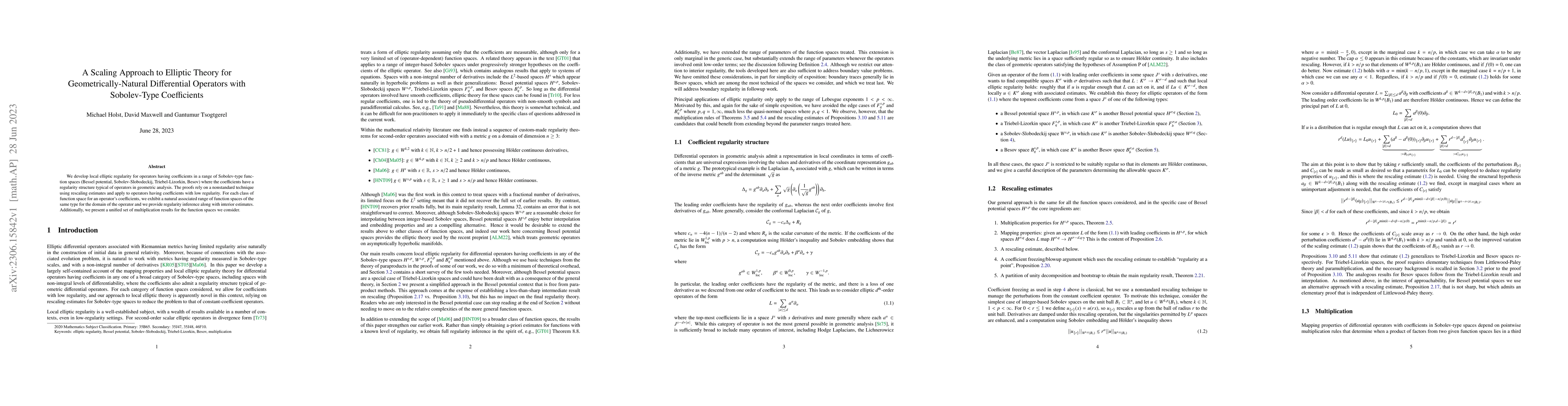 Thumbnail for A Scaling Approach to Elliptic Theory for Geometrically-Natural
  Differential Operators with Sobolev-Type Coefficients