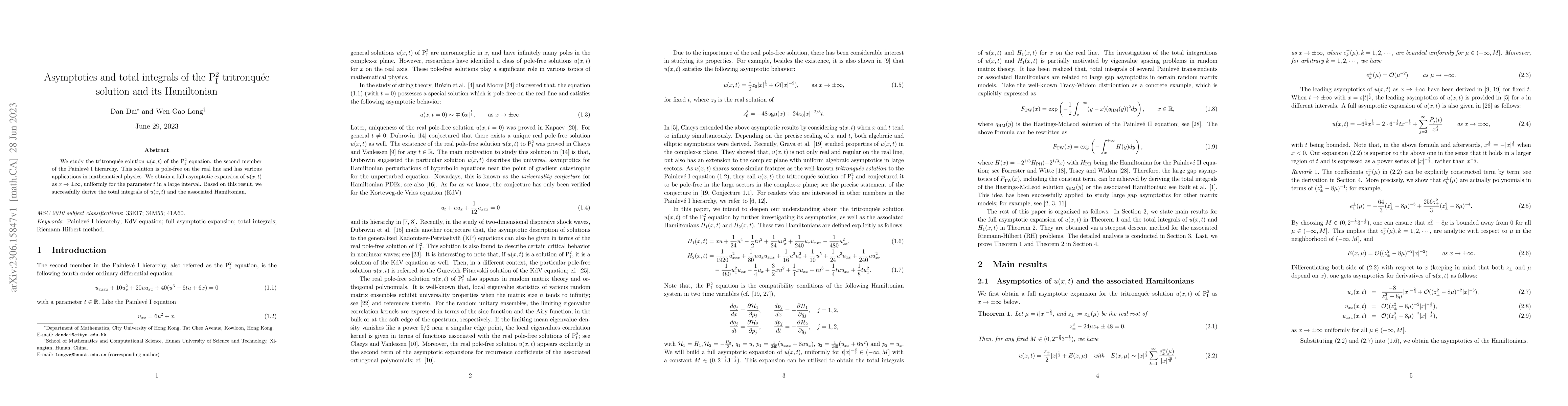 Thumbnail for Asymptotics and total integrals of the $\mathrm{P}_{\rm I}^{2}$
  tritronqu\'{e}e solution and its Hamiltonian