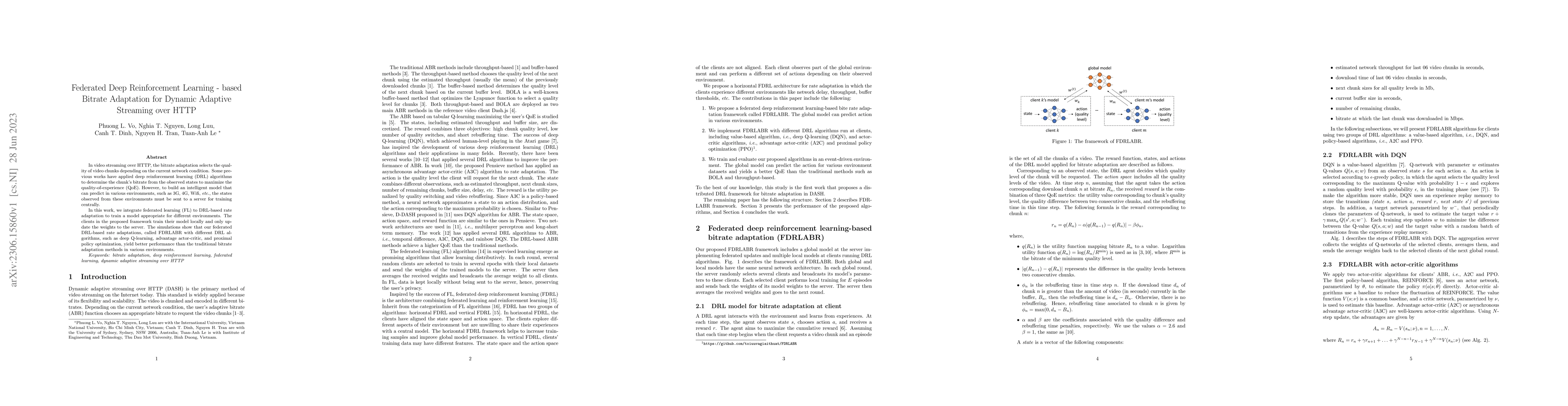 Thumbnail for Federated Deep Reinforcement Learning-based Bitrate Adaptation for
  Dynamic Adaptive Streaming over HTTP