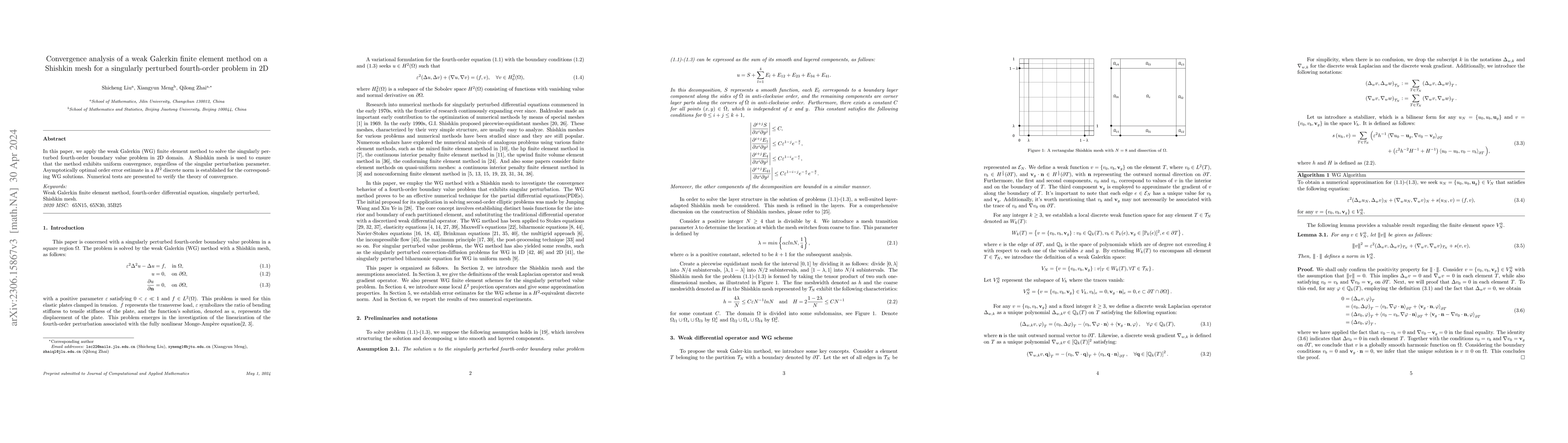 Thumbnail for Convergence analysis of a weak Galerkin finite element method on a
  Shishkin mesh for a singularly perturbed fourth-order problem in 2D