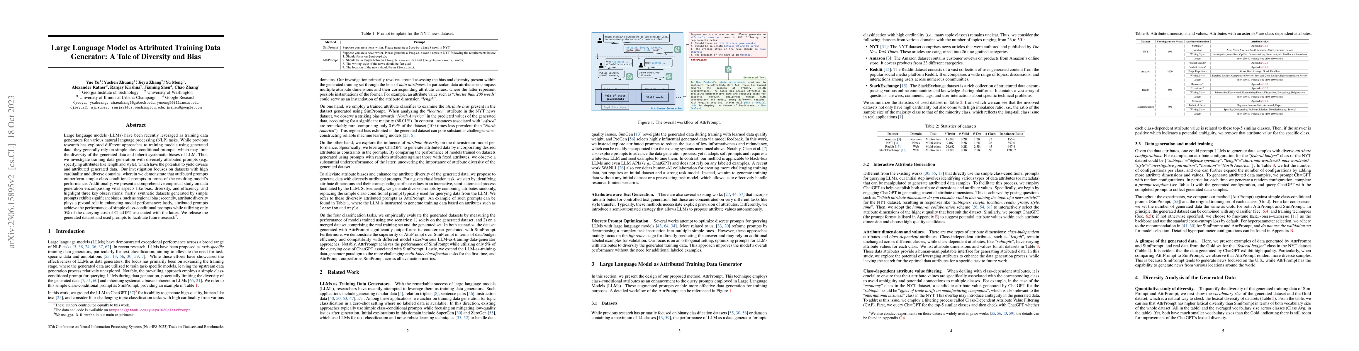 Thumbnail for Large Language Model as Attributed Training Data Generator: A Tale of
  Diversity and Bias