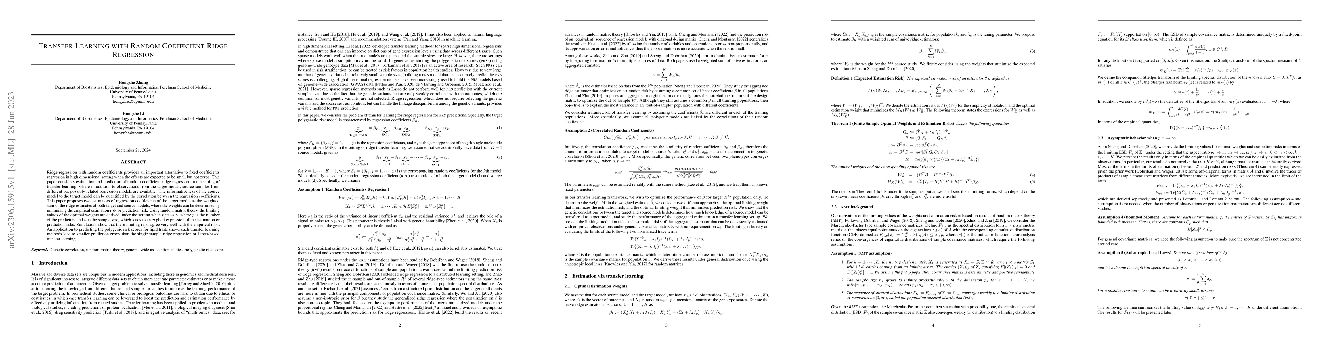 Thumbnail for Transfer Learning with Random Coefficient Ridge Regression