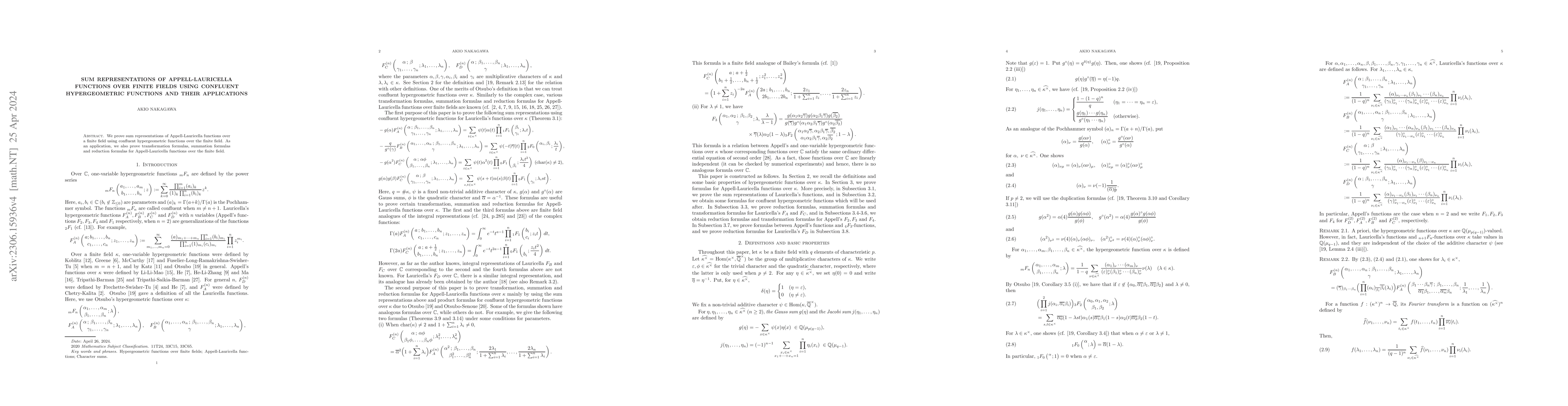 Thumbnail for Sum representations of Appell-Lauricella functions over finite fields
  using confluent hypergeometric functions and their applications