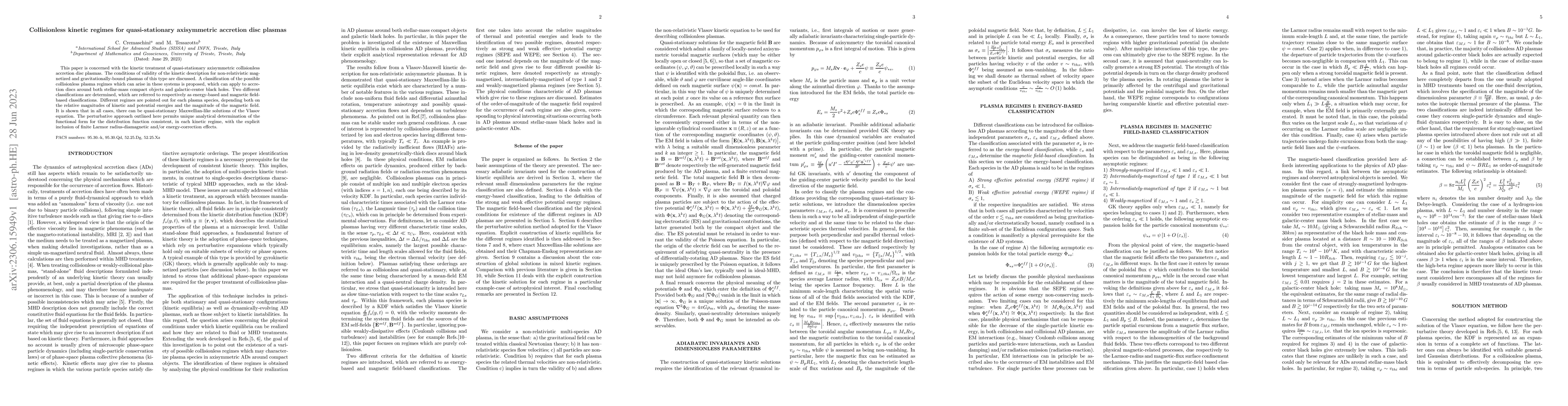 Thumbnail for Collisionless kinetic regimes for quasi-stationary axisymmetric
  accretion disc plasmas