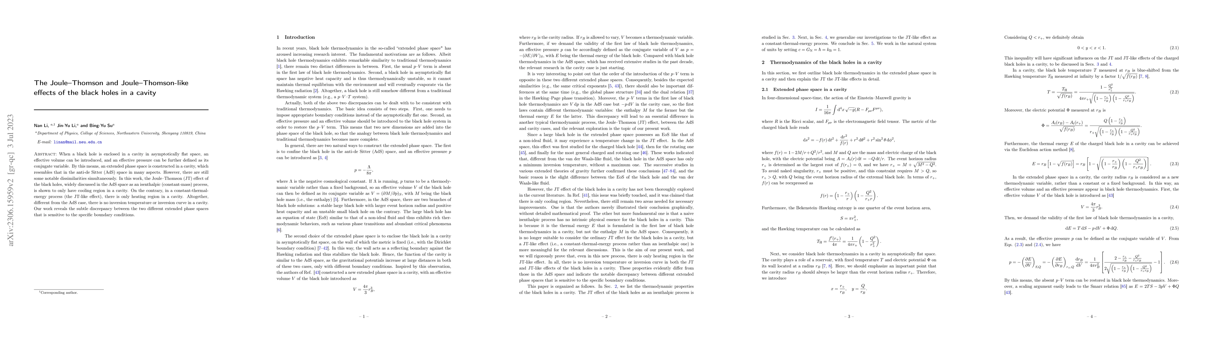 Thumbnail for The Joule--Thomson and Joule--Thomson-like effects of the black holes in
  a cavity
