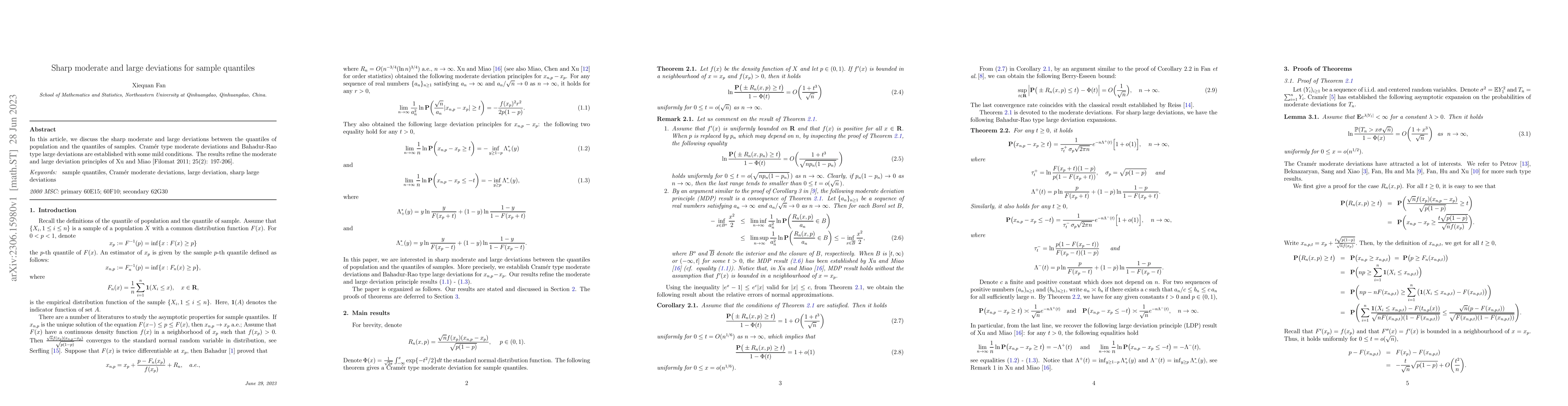 Thumbnail for Sharp moderate and large deviations for sample quantiles