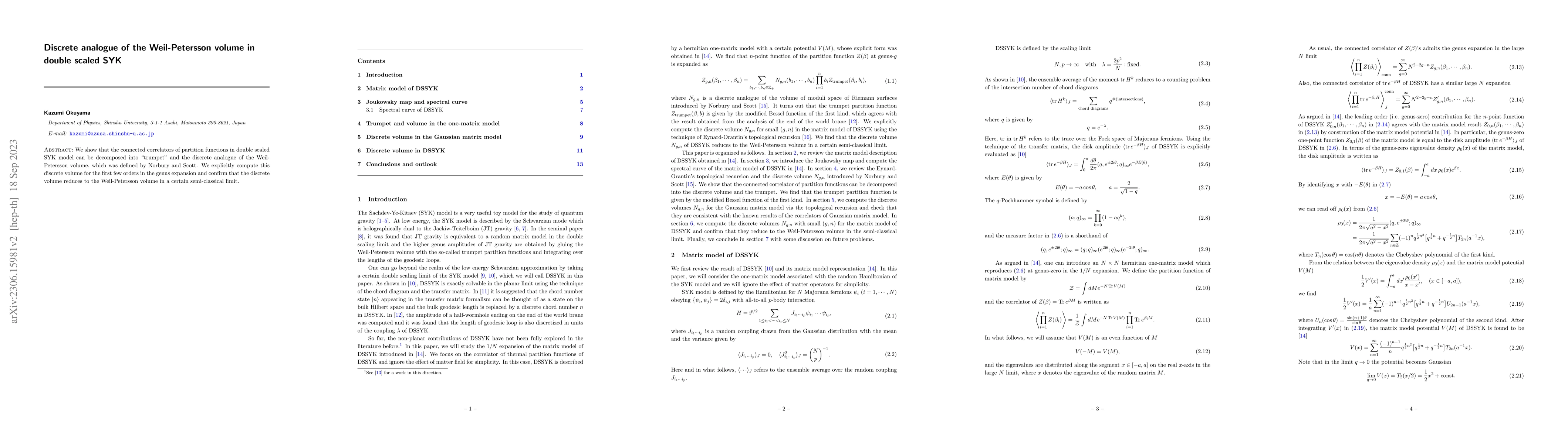 Thumbnail for Discrete analogue of the Weil-Petersson volume in double scaled SYK