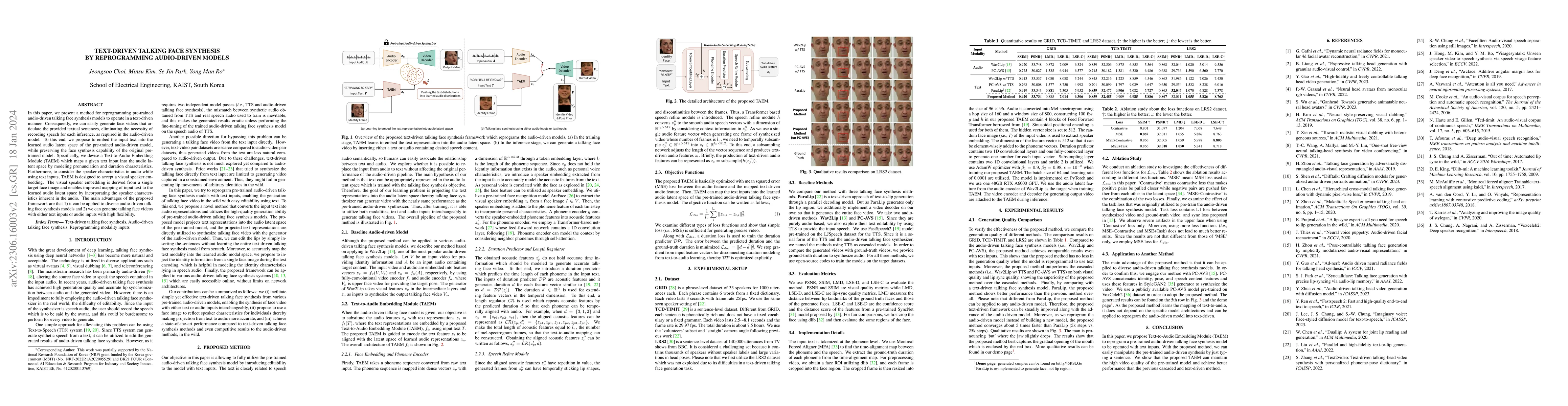 Thumbnail for Text-driven Talking Face Synthesis by Reprogramming Audio-driven Models