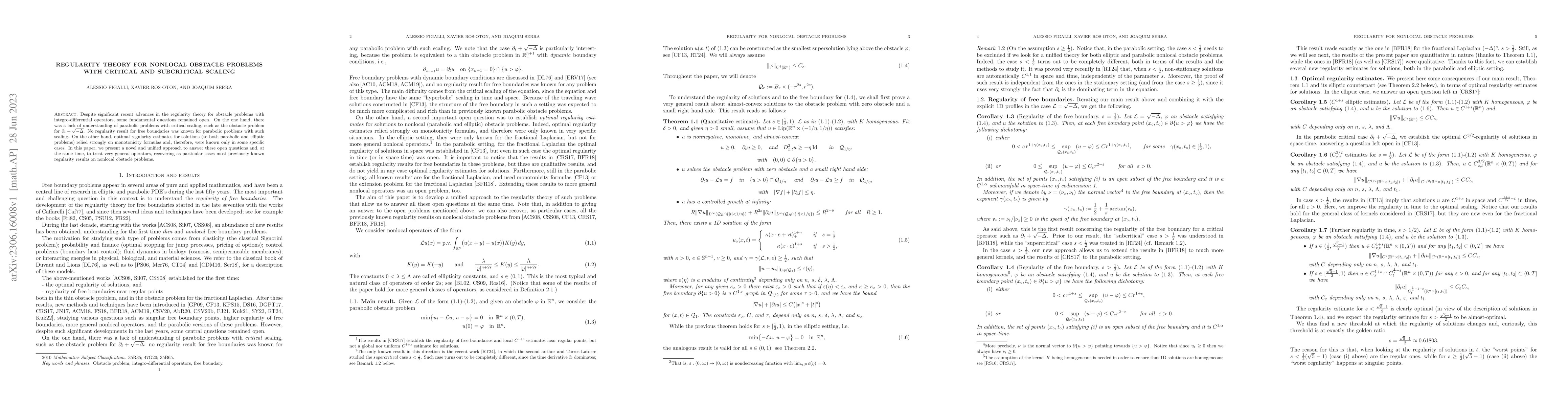 Thumbnail for Regularity theory for nonlocal obstacle problems with critical and
  subcritical scaling
