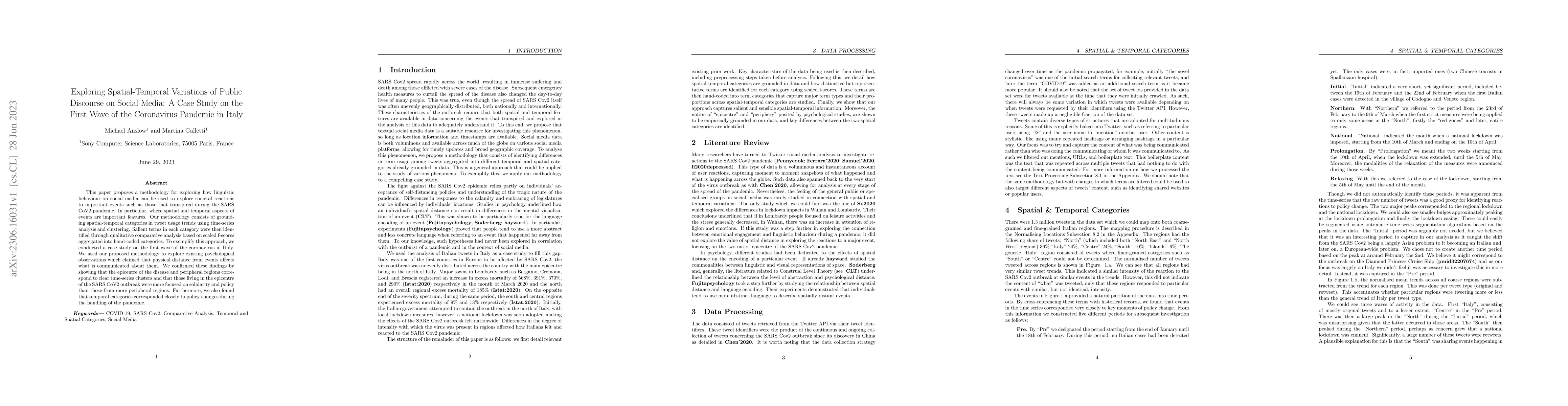 Thumbnail for Exploring Spatial-Temporal Variations of Public Discourse on Social
  Media: A Case Study on the First Wave of the Coronavirus Pandemic in Italy