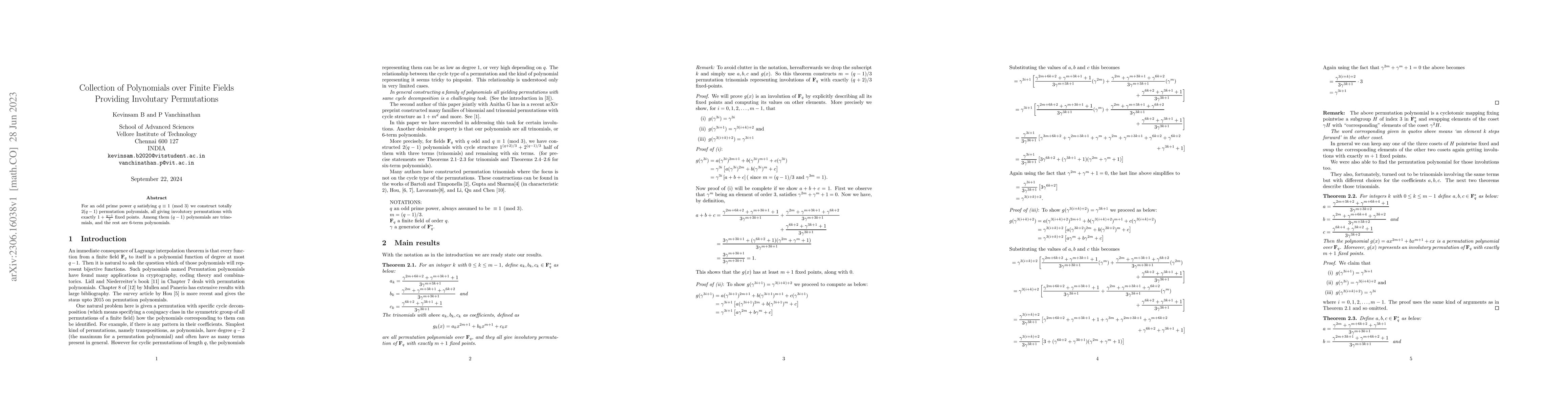 Thumbnail for Collection of Polynomials over Finite Fields Providing Involutary
  Permutations