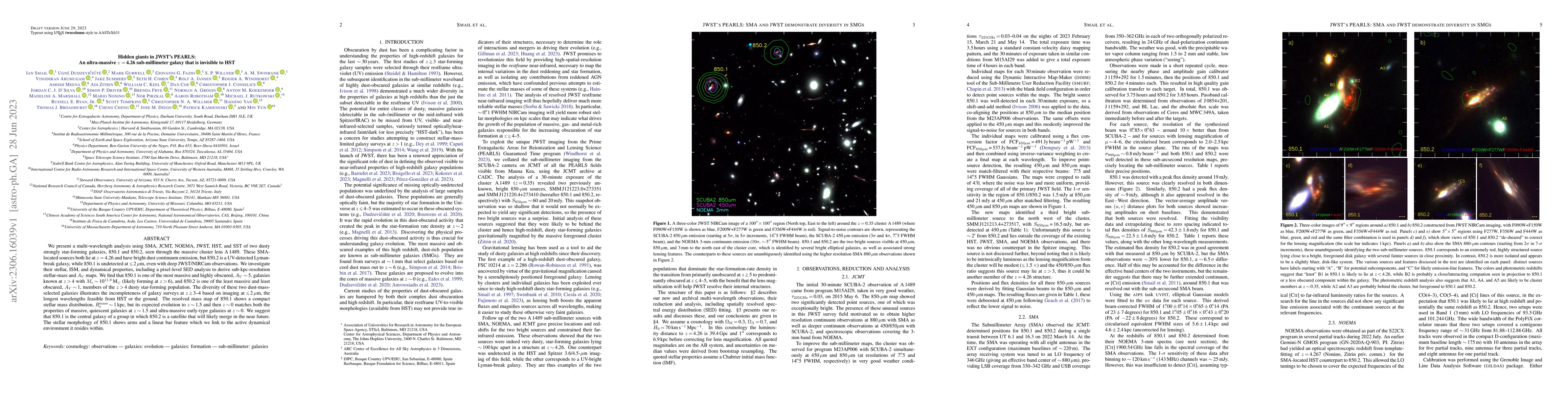 Thumbnail for Hidden giants in JWST's PEARLS: An ultra-massive z=4.26 sub-millimeter
  galaxy that is invisible to HST