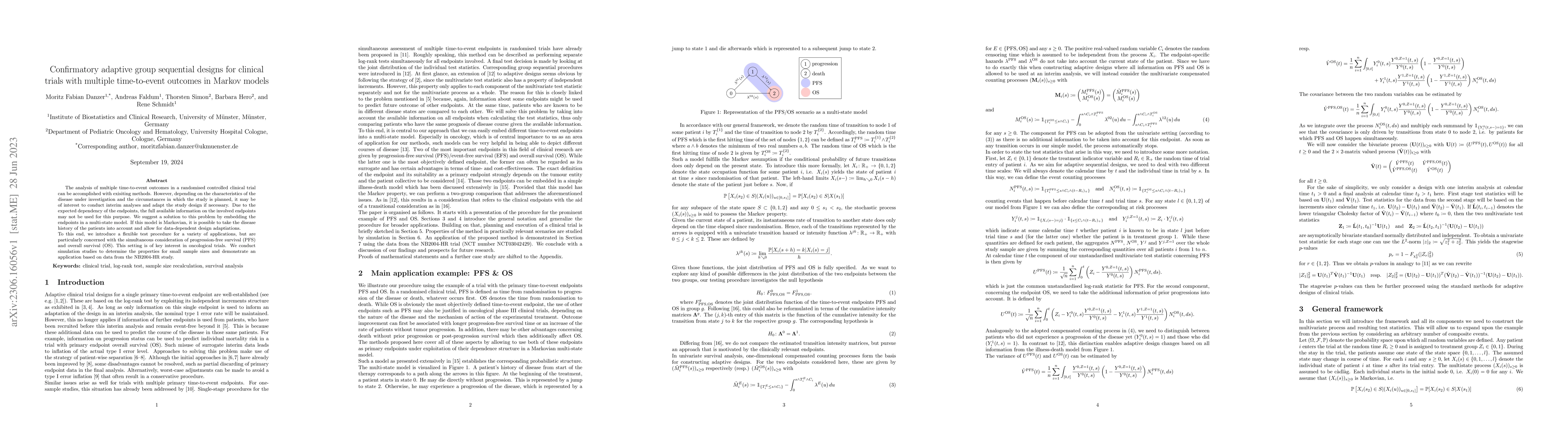 Thumbnail for Confirmatory adaptive group sequential designs for clinical trials with
  multiple time-to-event outcomes in Markov models