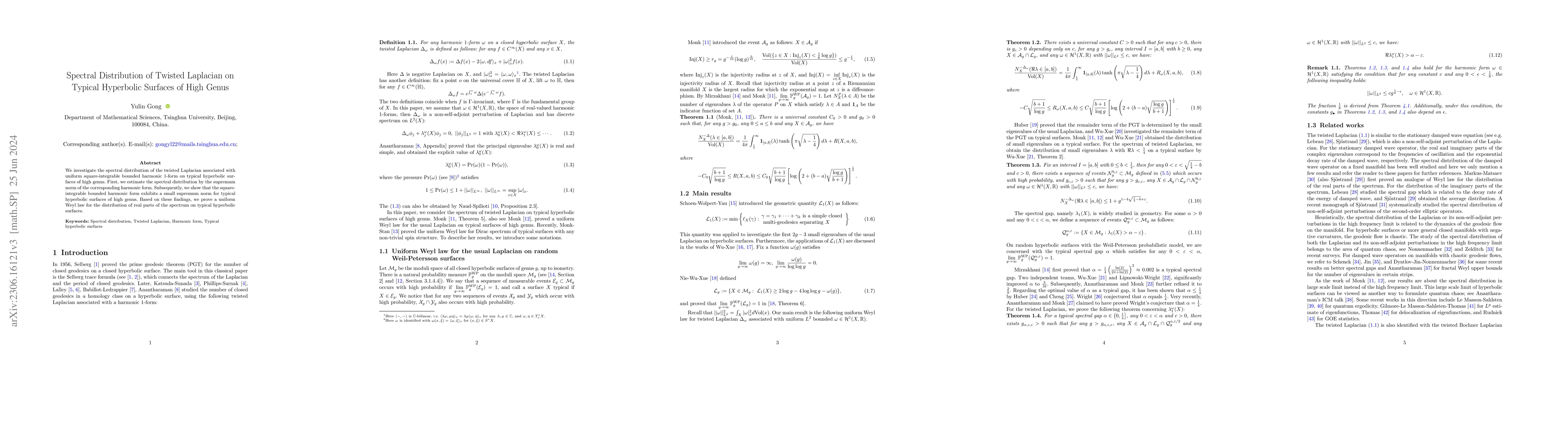 Thumbnail for Spectral Distribution of Twisted Laplacian on Typical Hyperbolic
  Surfaces of High Genus