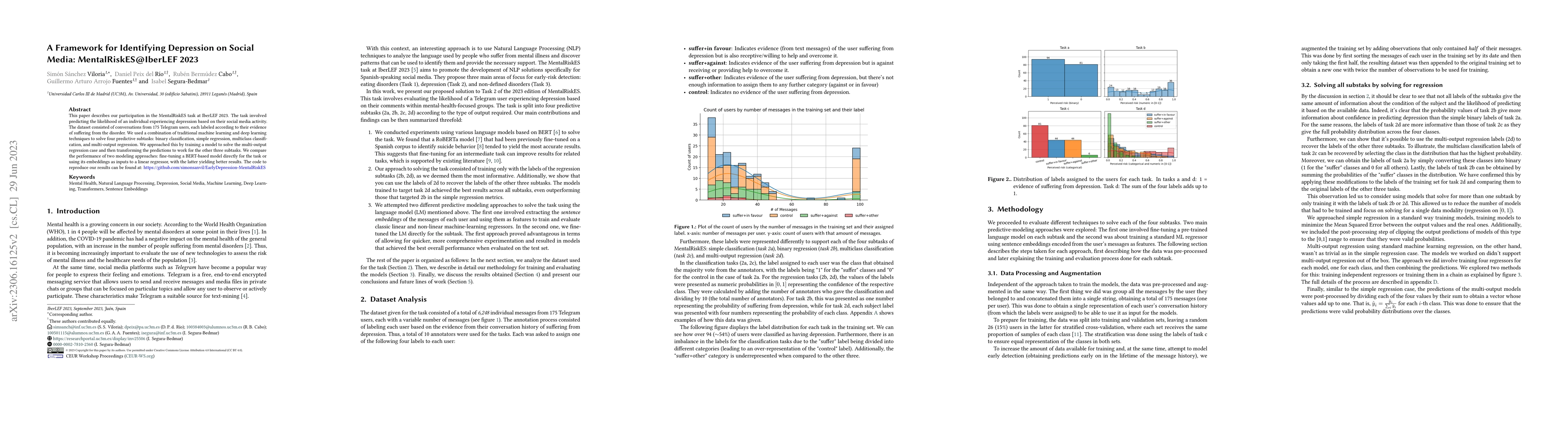 Thumbnail for A Framework for Identifying Depression on Social Media:
  MentalRiskES@IberLEF 2023