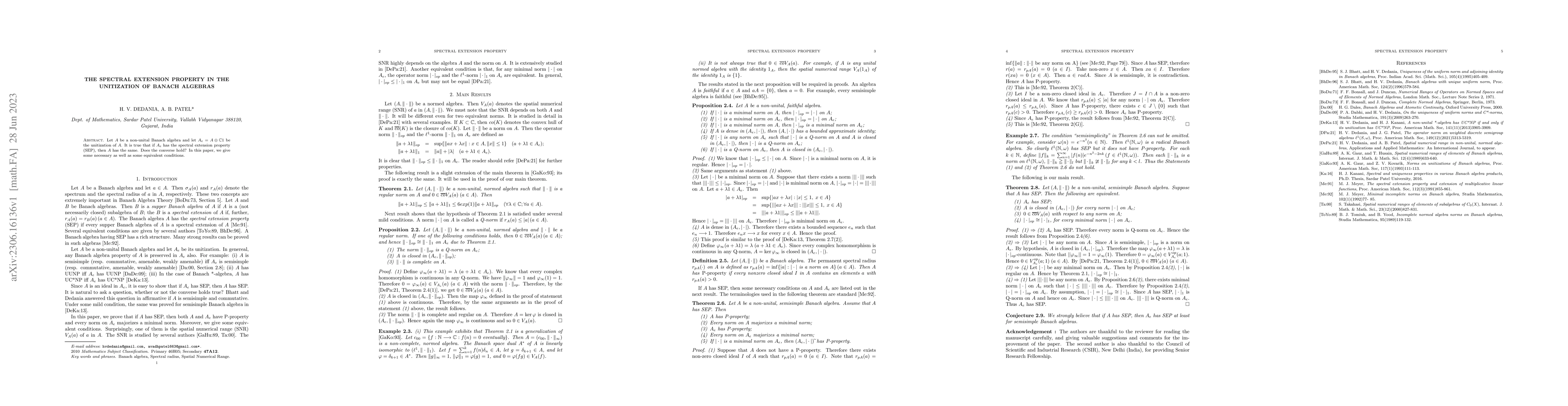 Thumbnail for The Spectral extension property in the unitization of Banach Algebras