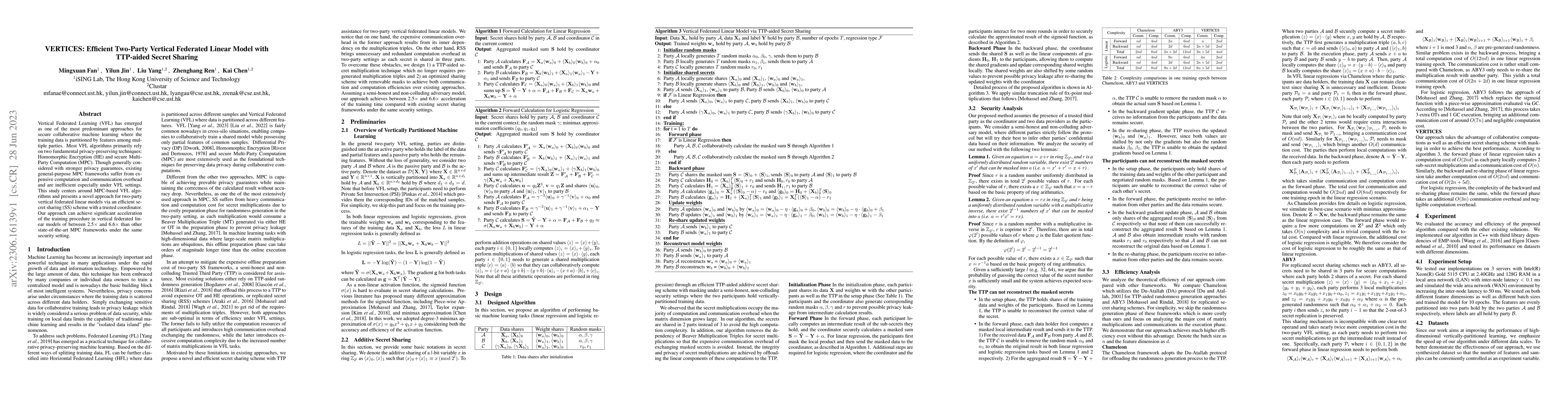 Thumbnail for VERTICES: Efficient Two-Party Vertical Federated Linear Model with
  TTP-aided Secret Sharing