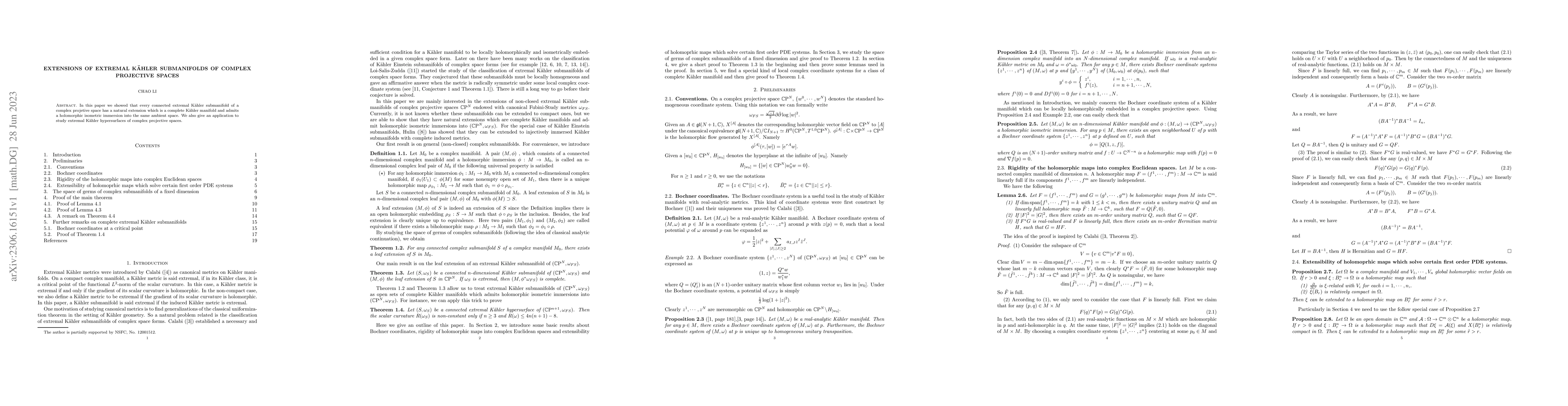 Thumbnail for Extensions of extremal K\"ahler submanifolds of complex projective
  spaces