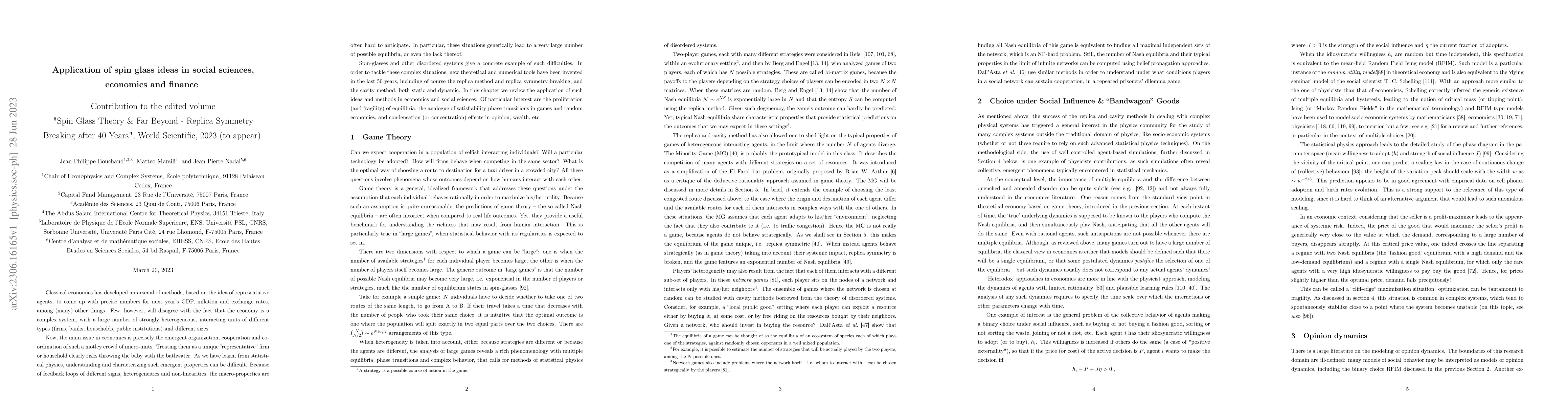 Thumbnail for Application of spin glass ideas in social sciences, economics and
  finance