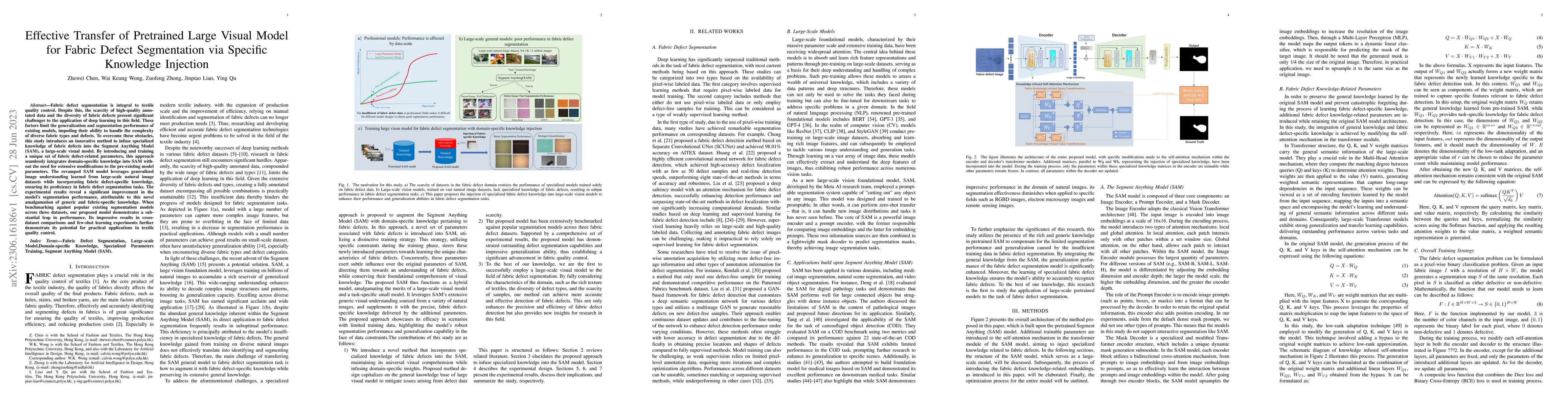 Thumbnail for Effective Transfer of Pretrained Large Visual Model for Fabric Defect
  Segmentation via Specifc Knowledge Injection