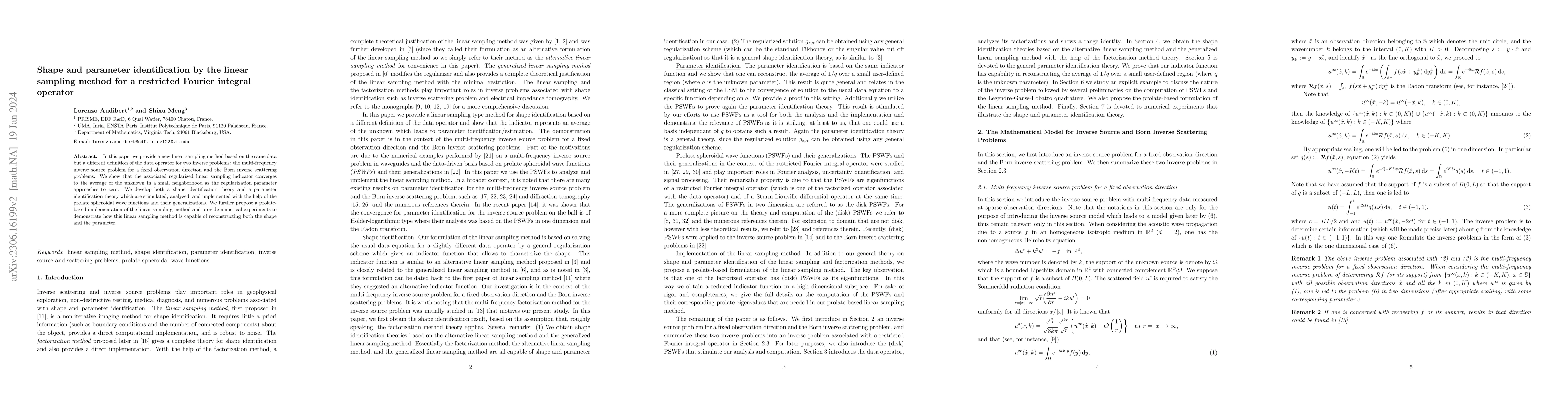 Thumbnail for Shape and parameter identification by the linear sampling method for a
  restricted Fourier integral operator