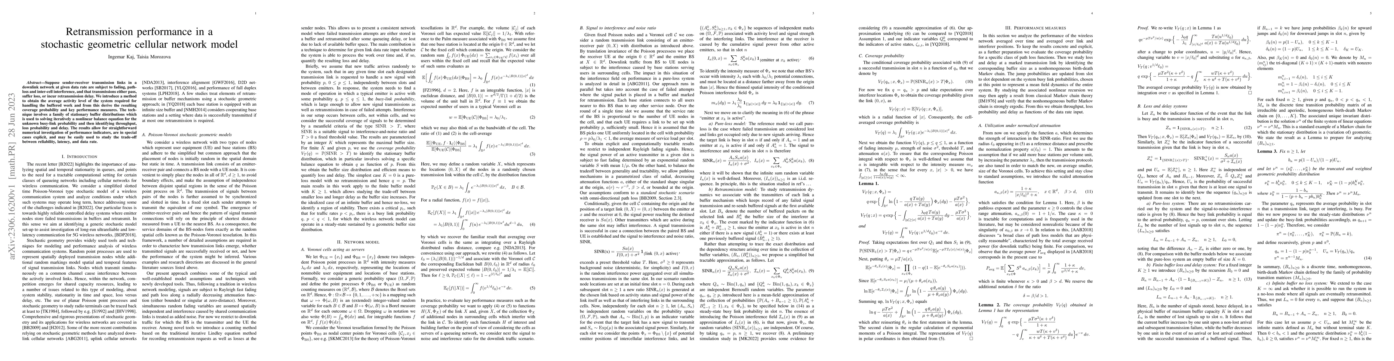 Thumbnail for Retransmission performance in a stochastic geometric cellular network
  model