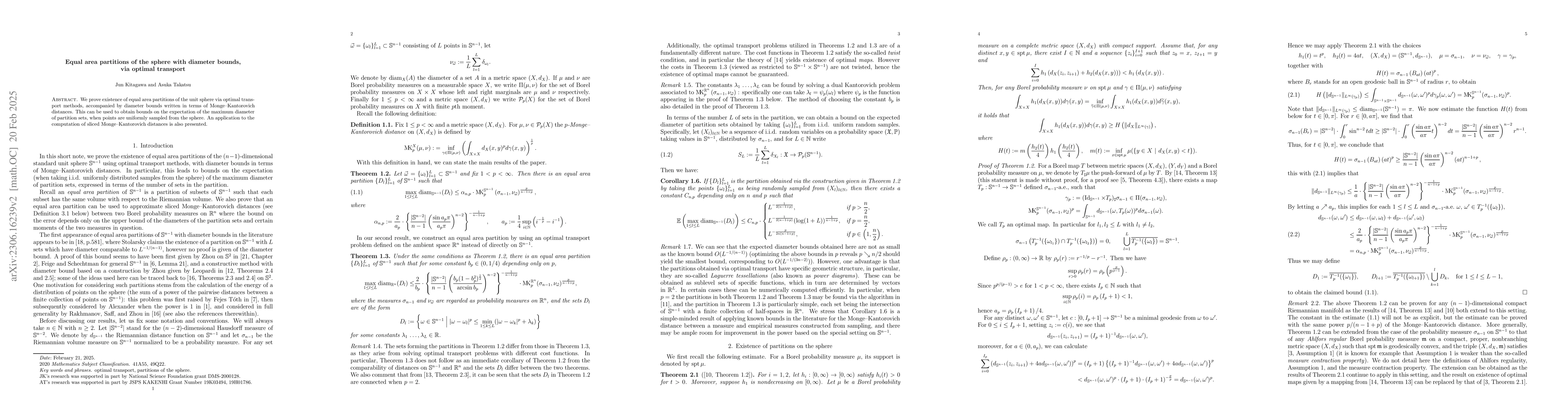 Thumbnail for Equal area partitions of the sphere with diameter bounds, via optimal
  transport