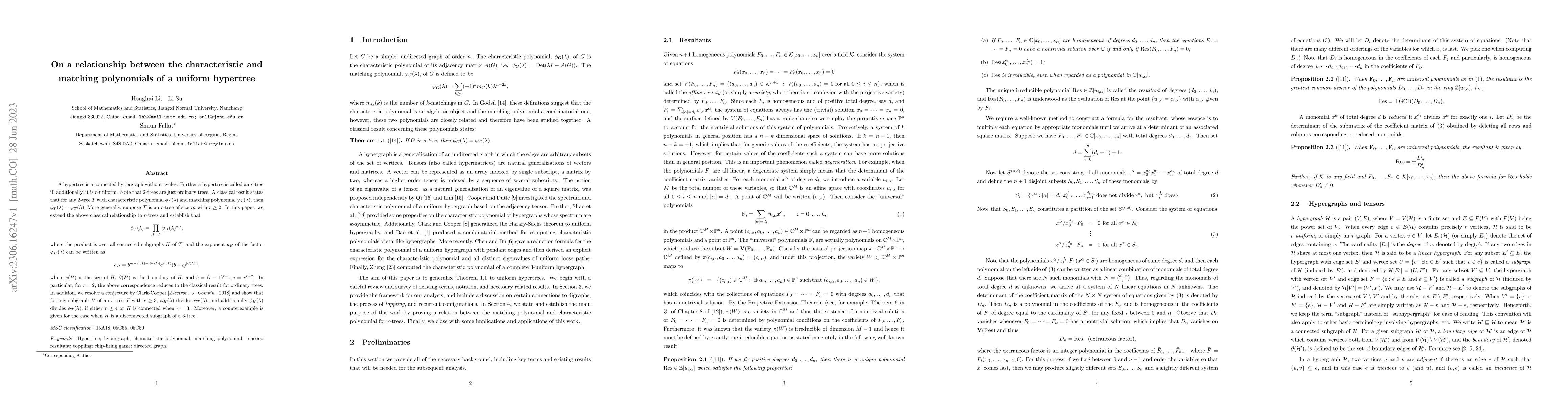 Thumbnail for On a relationship between the characteristic and matching polynomials of
  a uniform hypertree