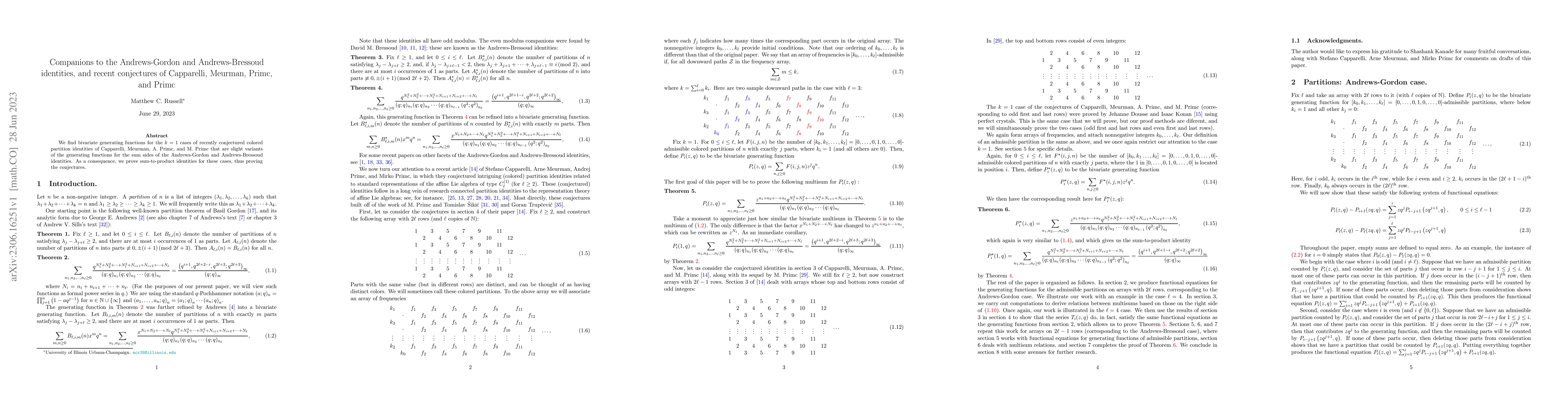 Thumbnail for Companions to the Andrews-Gordon and Andrews-Bressoud identities, and
  recent conjectures of Capparelli, Meurman, Primc, and Primc