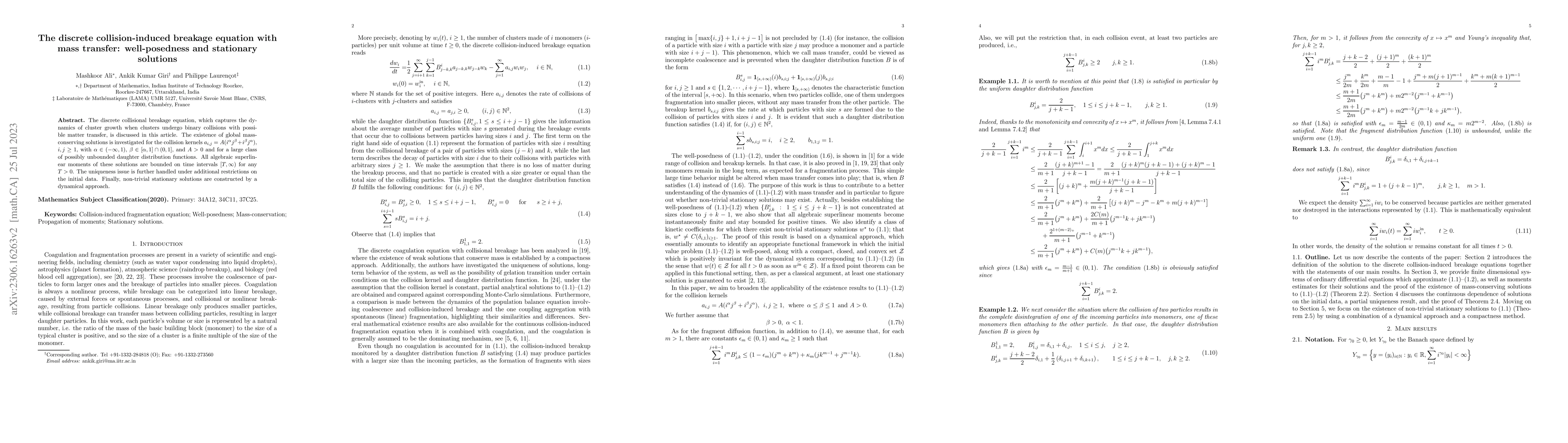 Thumbnail for The discrete collision-induced breakage equation with mass transfer:
  well-posedness and stationary solutions