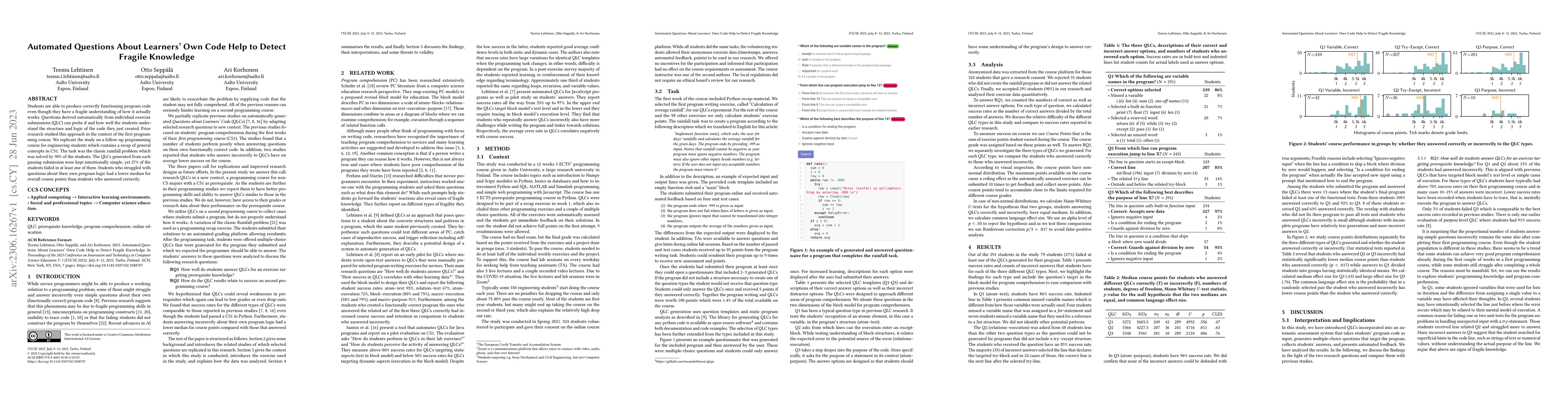 Thumbnail for Automated Questions About Learners' Own Code Help to Detect Fragile
  Knowledge