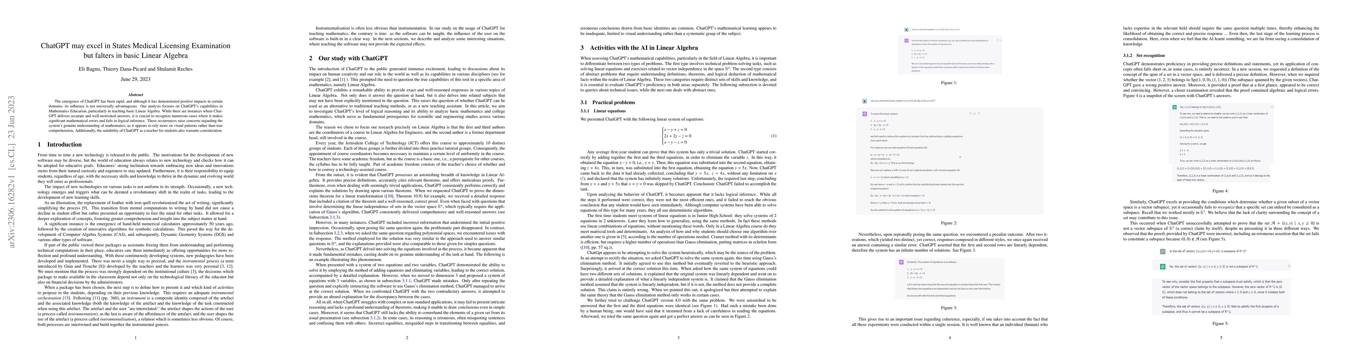 Thumbnail for ChatGPT may excel in States Medical Licensing Examination but falters in
  basic Linear Algebra