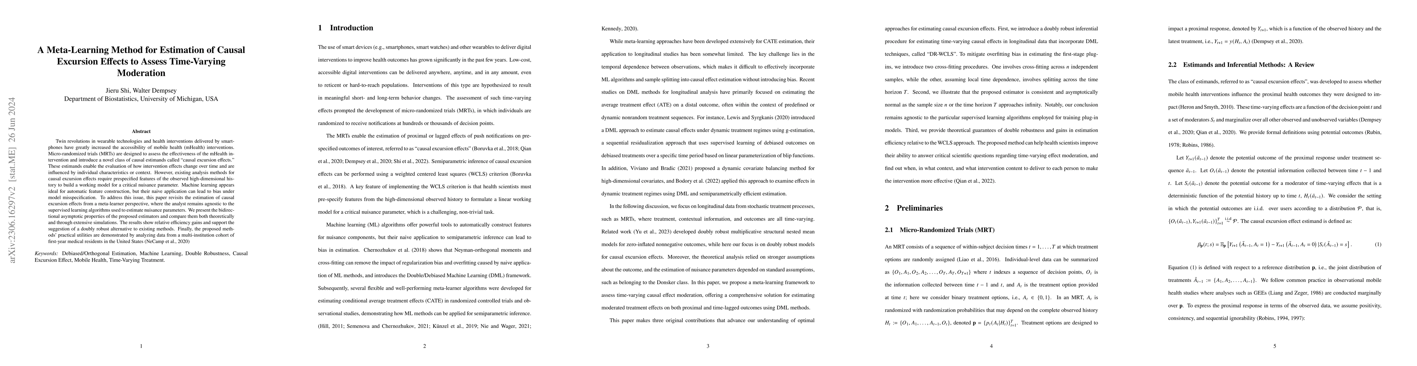 Thumbnail for A Meta-Learning Method for Estimation of Causal Excursion Effects to
  Assess Time-Varying Moderation