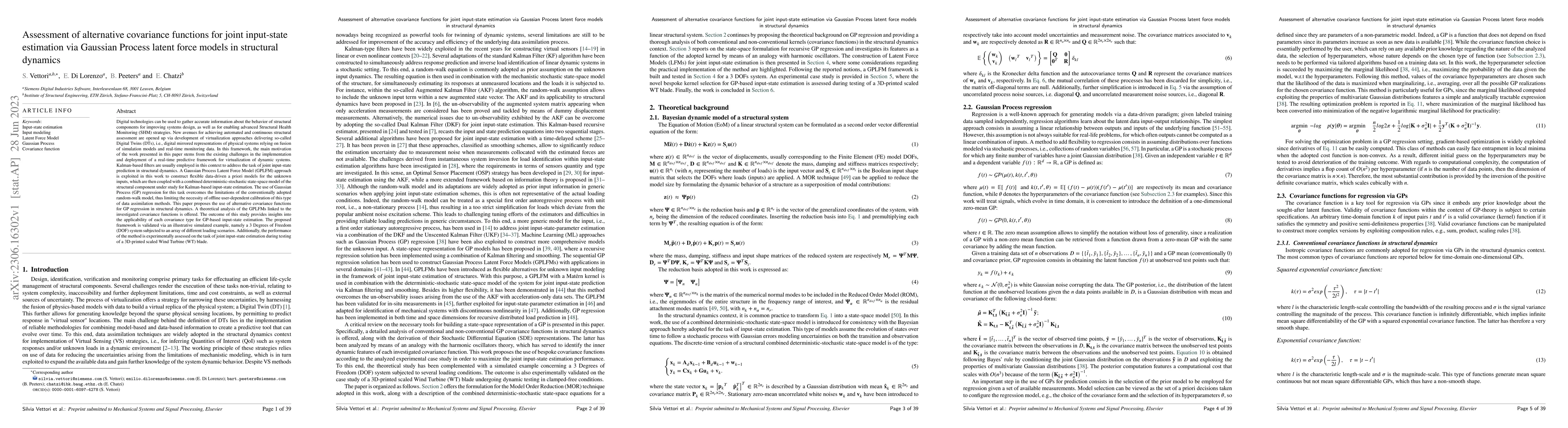 Thumbnail for Assessment of alternative covariance functions for joint input-state
  estimation via Gaussian Process latent force models in structural dynamics