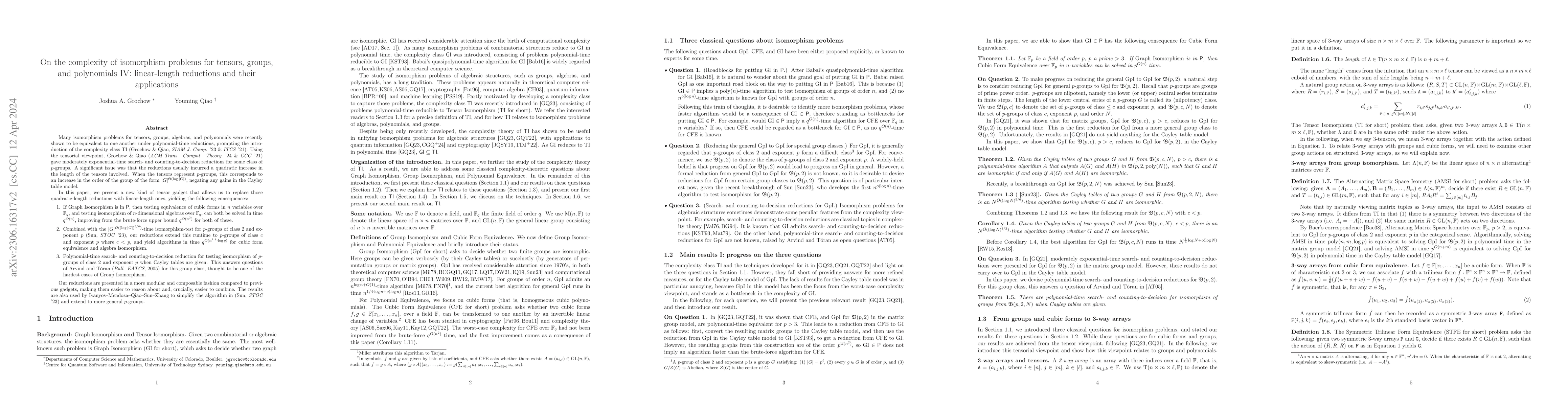 Thumbnail for On the complexity of isomorphism problems for tensors, groups, and
  polynomials IV: linear-length reductions and their applications
