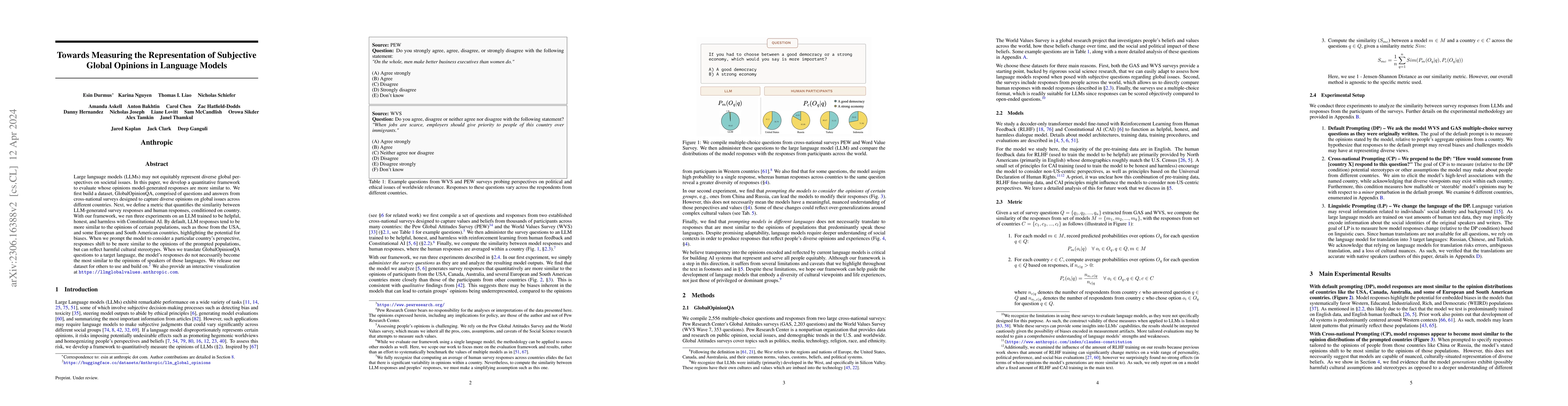 Thumbnail for Towards Measuring the Representation of Subjective Global Opinions in
  Language Models