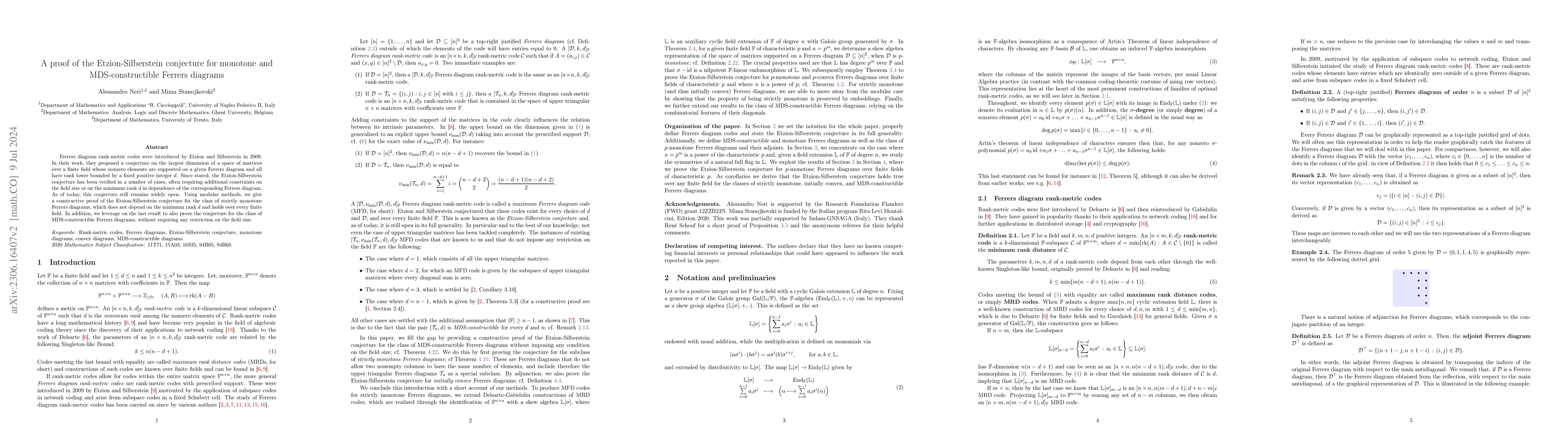 Thumbnail for A proof of the Etzion-Silberstein conjecture for monotone and
  MDS-constructible Ferrers diagrams