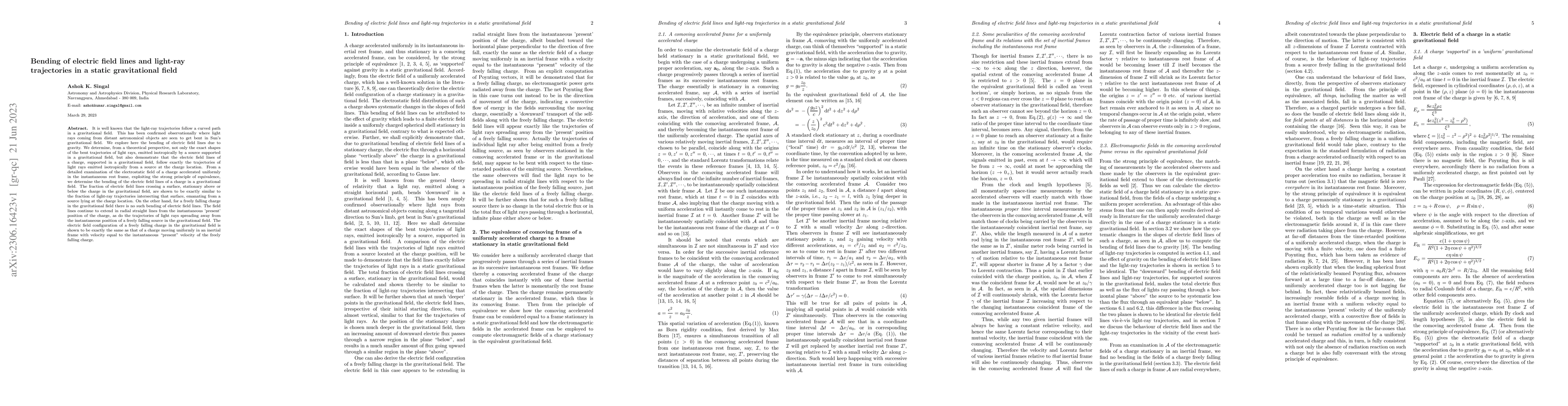 Thumbnail for Bending of electric field lines and light-ray trajectories in a static
  gravitational field