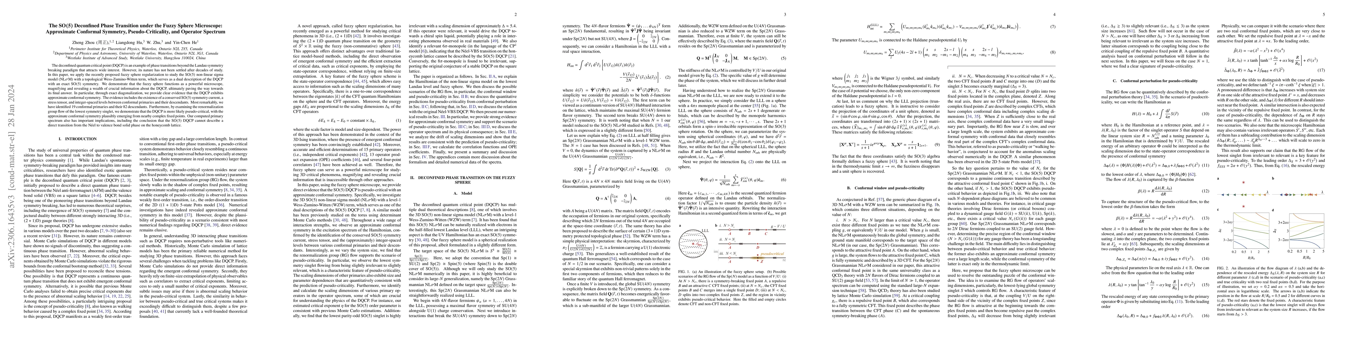 Thumbnail for The $\mathrm{SO}(5)$ Deconfined Phase Transition under the Fuzzy Sphere
  Microscope: Approximate Conformal Symmetry, Pseudo-Criticality, and Operator
  Spectrum