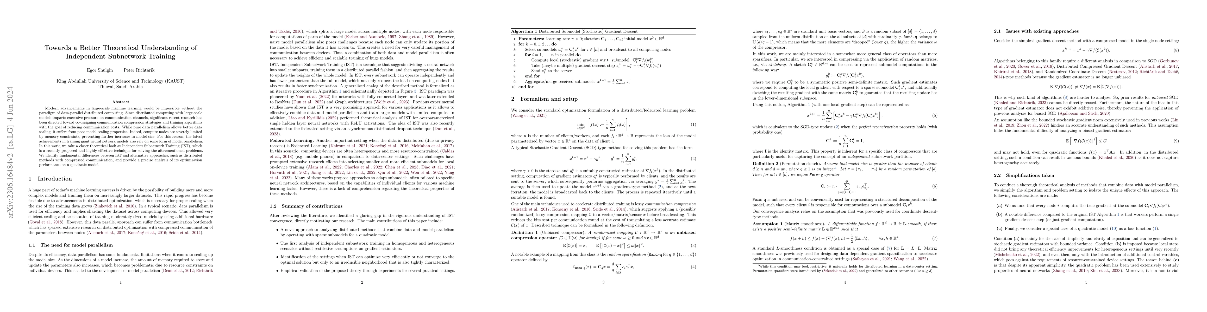 Thumbnail for Towards a Better Theoretical Understanding of Independent Subnetwork
  Training