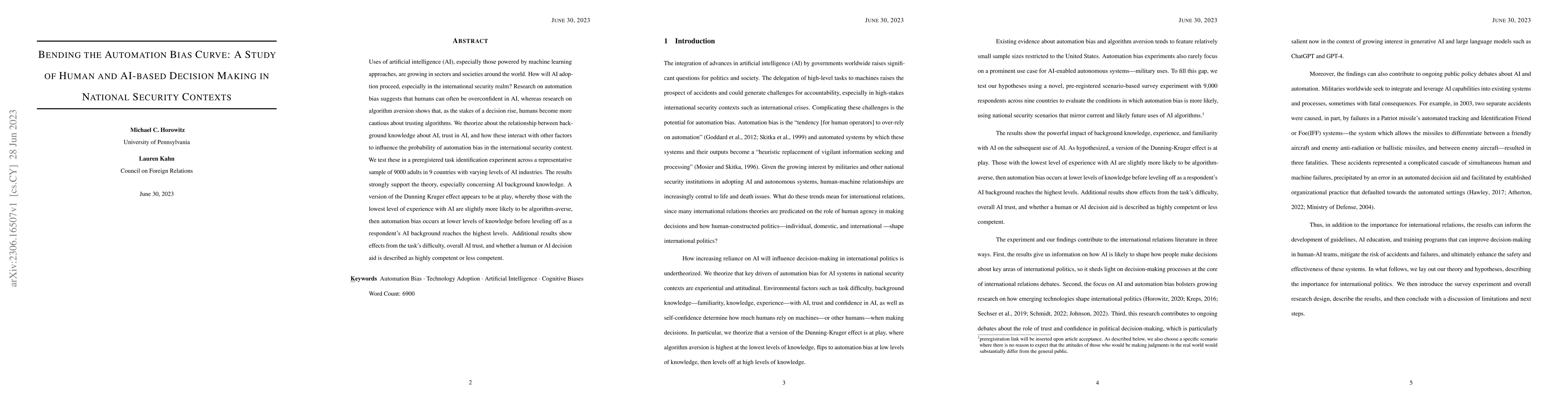 Thumbnail for Bending the Automation Bias Curve: A Study of Human and AI-based
  Decision Making in National Security Contexts