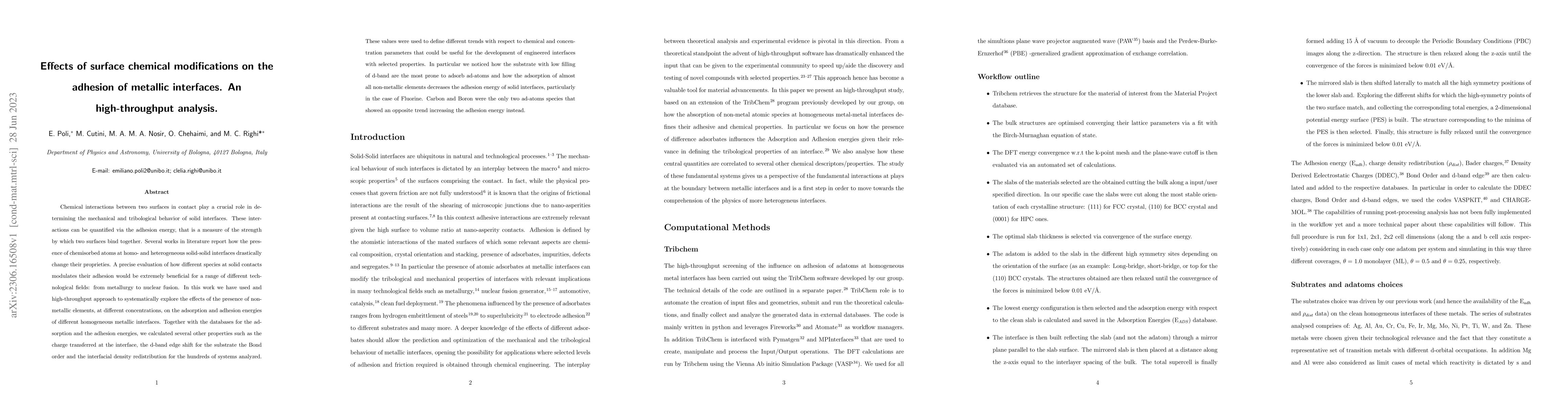 Thumbnail for Effects of surface chemical modifications on the adhesion of metallic
  interfaces. An high-throughput analysis