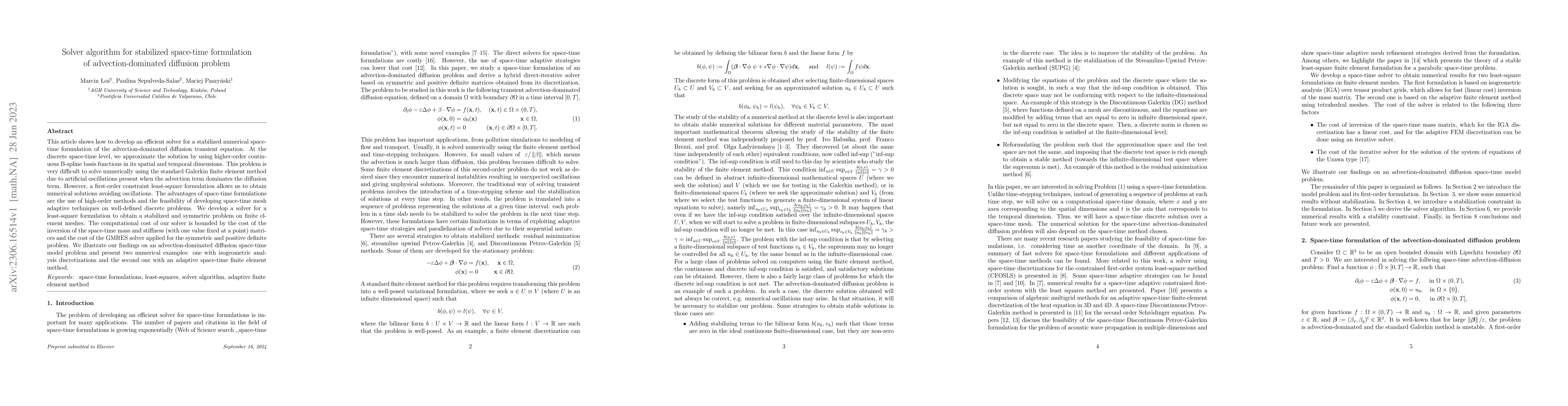 Thumbnail for Solver algorithm for stabilized space-time formulation of
  advection-dominated diffusion problem
